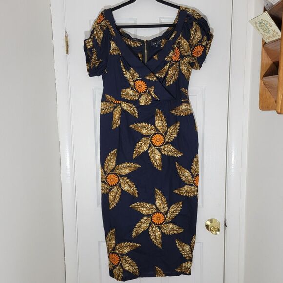 Mae Otti NWOT IDIA African Print Off Shoulder Midi Dress Navy Blue Sz XL No Belt - Picture 2 of 16